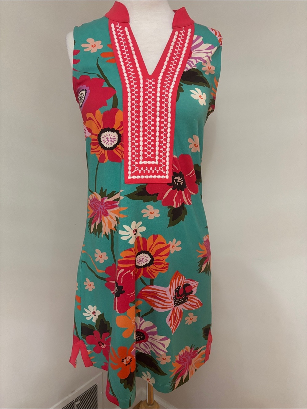 Spartina 449 Teal Floral Shift Dress with Coral Trim S
